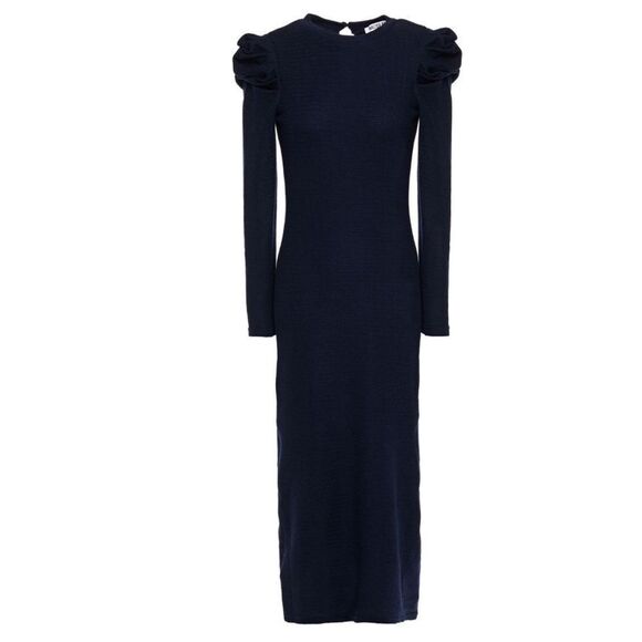 Walter Baker Dress Midi Long Sleeve Navy Blue Gathered Shoulder Puff Stretch M - Picture 4 of 16